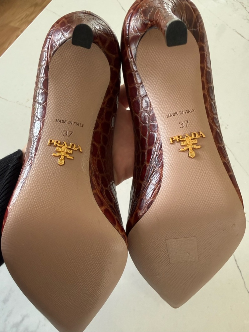 Prada Brown Croc-Embossed Pointed-Toe Pumps - Picture 4 of 8